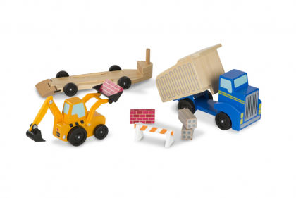 melissa & doug, дървени строителни превозни средства, самосвал и трактор, дървени превозни средства, строителна площадка, трактор, камион, самосвал, игра, игри, играчка, играчки