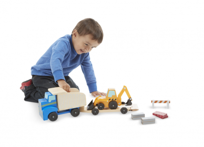 melissa & doug, дървени строителни превозни средства, самосвал и трактор, дървени превозни средства, строителна площадка, трактор, камион, самосвал, игра, игри, играчка, играчки
