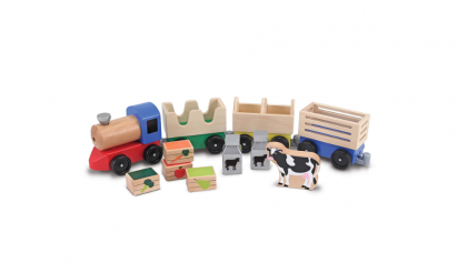 melissa & doug, дървено влакче с аксесоари, ферма, дървено влакче, влакче, влак, крава, товар, игра, игри, играчка, играчки
