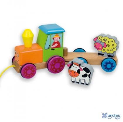Andreu toys, дървен, трактор, с, ремарке, и, животни, ферма, играчка, играчки, игри, игра