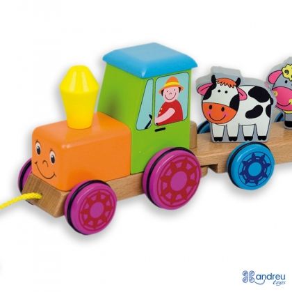 Andreu toys, дървен, трактор, с, ремарке, и, животни, ферма, играчка, играчки, игри, игра