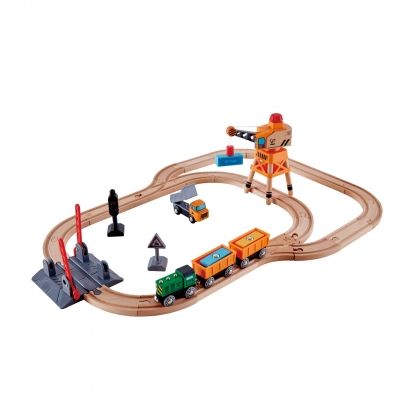  Hape, железопътна композиция, с релси, от дърво, игра за сглобяване, дърво, дървен, дървени, дървено влакче, вагон, вагони, игра, игри, играчка, играчки 