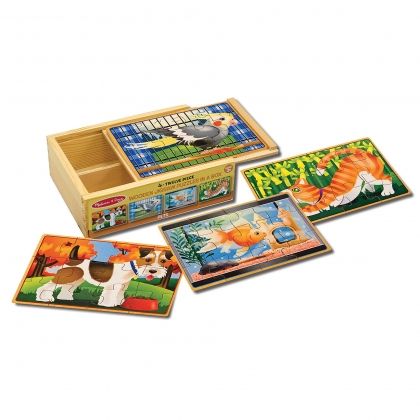 melissa & doug, дървени пъзели в кутия, домашни любимци, дървени пъзели, пъзели в кутия, куче, коте, папагал, рибка, животинки, животни, пъзел, пъзели, puzzle, puzzles