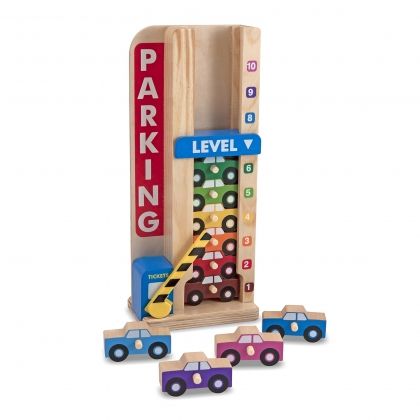melissa & doug, гараж от дървена колона, дървен гараж, дървен паркинг, паркинг с колички, гараж с колички, гараж колона, дървена играчка, игра, игри, играчка, играчки