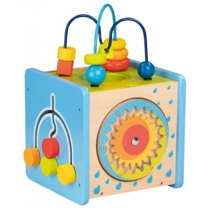 goki, дървен активен куб, активен куб, куб с активности, куб, сортер, спирала, костер, зъбчати колелета, активности, игра, игри, играчка, играчки