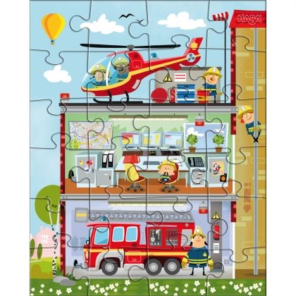 haba, комплект от три пъзела, малка пожарна, пожарна, пожарникари, пожар, забавен пъзел, пъзел, пъзели, puzzle, puzzles