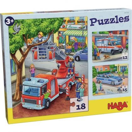 haba, комплект от три пъзела, професии от спешната помощ, спешна помощ, професии, пожарна, полиция, линейка, забавен пъзел, пъзел, пъзели, puzzle, puzzles