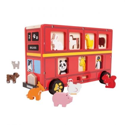Bigjigs, детски дървен сортер, червен автобус, автобус, автобуси, сортер, сортиране, подреждане, дървена играчка за сортиране, игра, игри, играчка, играчки 