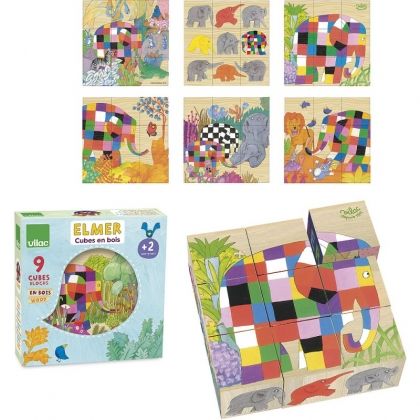 vilac, дървени кубчета, елмер, кубчета, детски кубчета, кубчета за деца, слончето елмер, слонче, игра, игри, играчка, играчки
