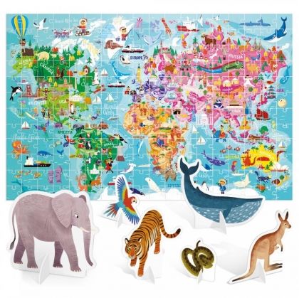 headu, Гигантски пъзел с 3D фигурки, Обиколка на света, гигантски пъзел, пъзел с фигурки, обиколи света, карта на света, континенти, океани, география, животни, пъзел, пъзели, puzzle, puzzles