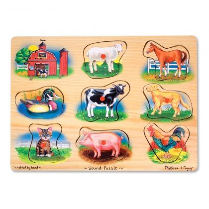 melissa & doug,  дървен музикален пъзел, дървен пъзел, музикален пъзел, ферма, животни от фермата, животни, звуци, пъзел, пъзели, puzzle, puzzles,