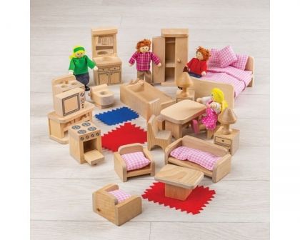 Bigjigs, Комплект семейство кукли с обзавеждане, дървени мебели, мебели за куклена къща, обзавеждане за куклена къща, куклена къща, къща, мебели, обзавеждане, кукли, кукли за куклена къща, игра, игри, играчка, играчки