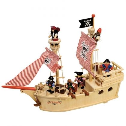 Bigjigs, Дървен пиратски кораб с екипаж, Парагон, пиратски кораб, дървен кораб, пирати, екипаж, кораб, кораб с пирати, дървена играчка, игра, игри, играчка, играчки