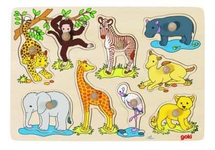 Goki, дървен, пъзел, с, дръжки, африкански, бебета, животни, пъзели, puzzles, пъзелите, пъзели игри