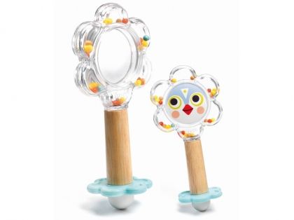 Djeco, Дървена бебешка дрънкалка с огледало, Цвете с птиче, дървена дрънкалка, бебешка дрънкалка, дрънкалка с огледало, дрънкалка, игра, игри, играчка, играчки