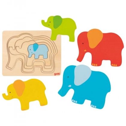 Goki, Дървен многослоен пъзел, Семейство слончета, многослоен пъзел, дървен пъзел, пъзел със слончета, детски пъзел, пъзел, пъзели, puzzle, puzzles