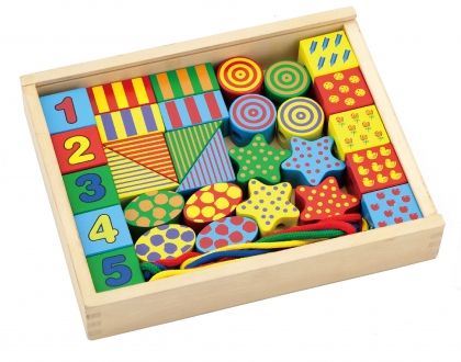 viga, комплект за нанизване с дървени мъниста, различни форми, комплект за нанизване, низанка, дървени мъниста, цифри, числа, математика, броене, игра, игри, играчка, играчки