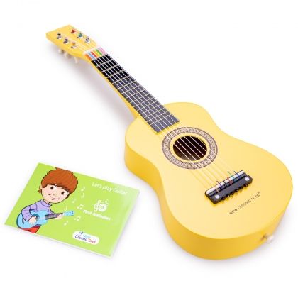 New Classic Toys, Дървен музикален инструмент, Жълта китара, музикален инстримент, китара, детска китара, инструмент, игра, игри, играчка, играчки