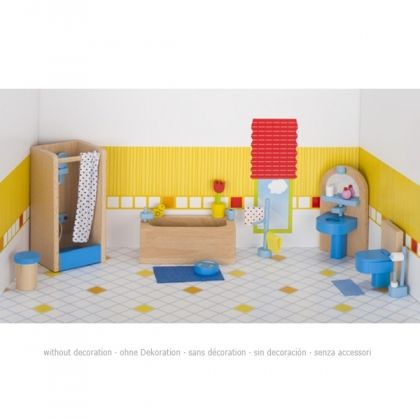 Goki, oбзавеждане за баня на къща за кукли в синьо, дървена куклена къща, дървена къща за кукли, дървена кукленска къща, дървена къщичка за кукли, кукленска къща играчки, игри къща, играчка, играчки, игри, игра