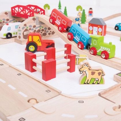 Bigjigs, Дървен комплект с улици и релси, дървени релси за влакчета, дървени релси играчки, влак с дървени релси, релси, дървени релси, релси и улици, игра, игри, играчка, играчки