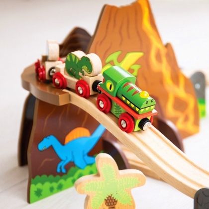 Bigjigs, Динозавърски влаков комплект, дървени релси за влакчета, дървени релси играчки, влак с дървени релси, релси, дървени релси, динозаври, игра, игри, играчка, играчки