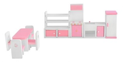 Комплект дървено обзавеждане за детска къща - Розово 