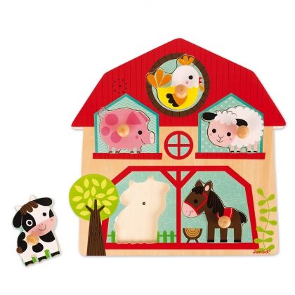 janod, детски дървен пъзел, с дръжки, музикален пъзел, животни във  фермата, звуци, крава, прасе, прасенце, кон, конче, овца, овчица, пиле, пиленце, пъзел, пъзели, puzzle, puzzels, игра, игри, играчки