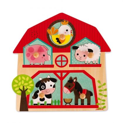 janod, детски дървен пъзел, с дръжки, музикален пъзел, животни във  фермата, звуци, крава, прасе, прасенце, кон, конче, овца, овчица, пиле, пиленце, пъзел, пъзели, puzzle, puzzels, игра, игри, играчки