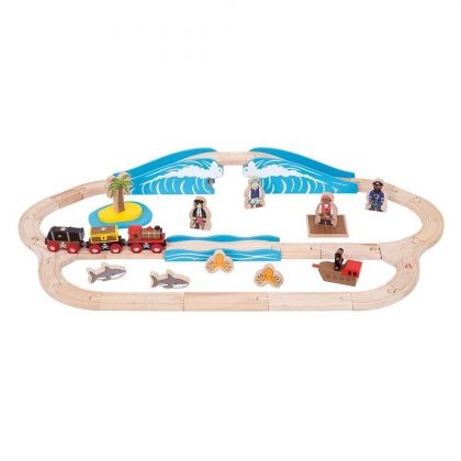 Bigjigs, влаков комплект, дървен влаков комплект, пиратски влак, дървен пиратски влак, дървен комплект, дървена играчка, играчка от дърво, игри, играчки, влакчета, пиратски влакчета