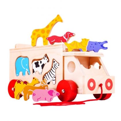 Bigjigs, дървен сортер, сортер камионче, дървени животни, сортер с животни, дървена играчка, играчка от дърво, играчки, игра, сортери, дървен камион сортер, камион с животни