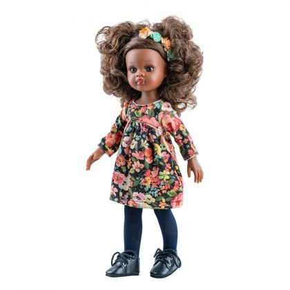 Paola Reina, кукла, винилова кукла, кукли, игра с кукли, кукла с африкански черти, кукла Нора, кукла с къдрава коса, рокля с флорален принт, игра, игри, играчка 
