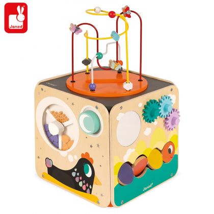 Janod, дървена играчка, играчка от дърво, дървени играчки, играчки от дърво, дървен дидактически куб, дървен активен куб, куб, низанки, сортери, зъбни колела, голям дървен куб, голям дидактически куб, голям дървен активен куб, играчки Janod 