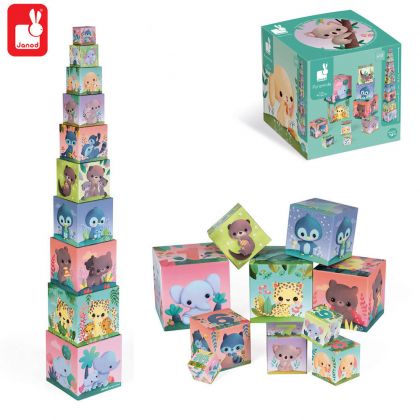 Janod, играчка, играчки, игра, кубчета, картонени кубчета, картонени кубчета за деца, кубчета пирамида, кубчета за редене, кубчета сладки животни, цветни кубчета, кубчета с животни, Janod играчки