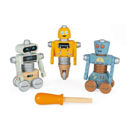 Janod, дървена играчка, играчка от дърво, играчка, играчки, дървени играчки, играчки от дърво, дървени роботи за сглобяване, роботи за сглобяване, направи си сам роботи, три дървени робота, играчка с роботи, играчка за сглобяване на роботи, играчки Janod
