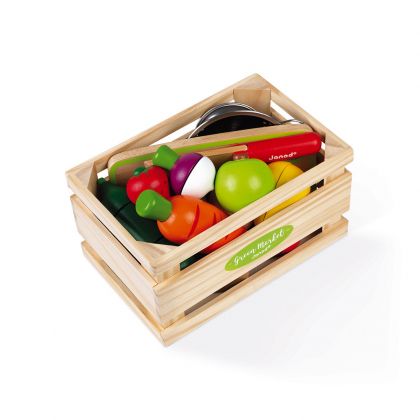 Janod, играчка, играчки, дървена играчка, дървен комплект с плодове и зеленчуци, дървени плодове и зеленчуци, дървена касетка с аксесоари, кухненски аксесоари, касетка с плодове и зеленчуци за игра, продукти Janod, играчки Janod
