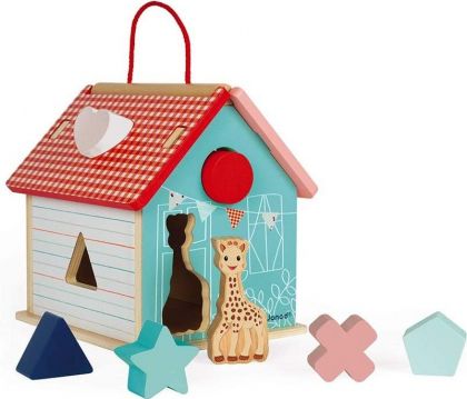 Janod, играчка, играчки, дървена играчка, дървени играчки, дървен сортер, сортер къщичка, дървена къщичка сортер, детски сортери, сортер за игра с жирафчето софи, продукти Janod, играчки Janod