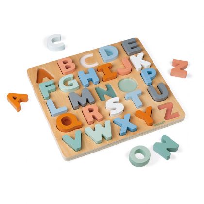Janod, играчка, играчки, дървена играчка, дървен пъзел, азбучен пъзел, детски азбучен пъзел, дървен пъзел с букви, пъзел за деца с букви, дървен пъзел с дървени буквички, двустранен пъзел за деца, детски двустранен пъзел, продукти Janod, играчки Janod