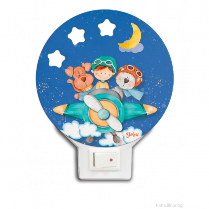 Dekori, детска лампа, лампа за деца, детска нощна лампа, нощна лампа с LED осветление, LED осветление за деца, детска нощна лампа с LED осветление и дървена декорация, нощна лампа с детски мотив, лампа със самолет, продукти Dekori