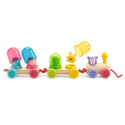 Djeco, играчка, играчки, дървена играчка, дървени играчки, играчка за дъпране, пъстро влакче, влакче за дърпане, пъстра играчка, цветна играчка влакче, интересна играчка, продукти Djeco, играчки Djeco