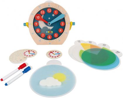 Janod, играчка, играчки, дървена играчка, дървен часовник за игра, дървен детски часовник, дървен часовник за деца, часовник с активности, детски часовник с активности, креативен детски часовник, продукти Janod, играчки Janod