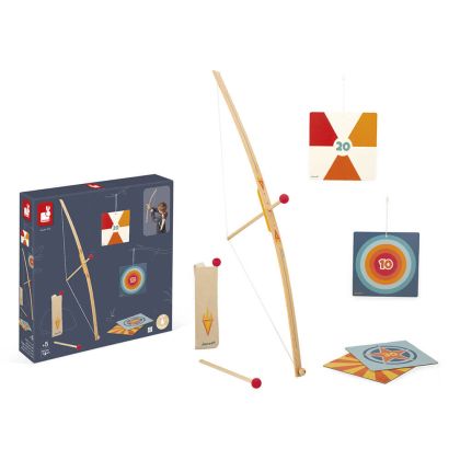 Janod, играчка, играчки, дървена играчка, комплект за стрелба с лък, дървен детски лък, дървен лък със стрели, дървена играчка за открито, продукти Janod, играчки Janod, дървени играчки Janod