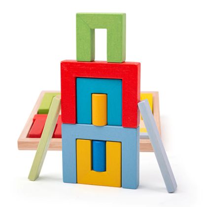 Bigjigs - Дървен пъзел конструктор за деца с цветни форми
