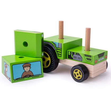 Bigjigs - Дървен детски пъзел с кубчета - Трактор
