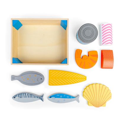 Bigjigs - Дървен детски комплект за готвене - Рибни продукти