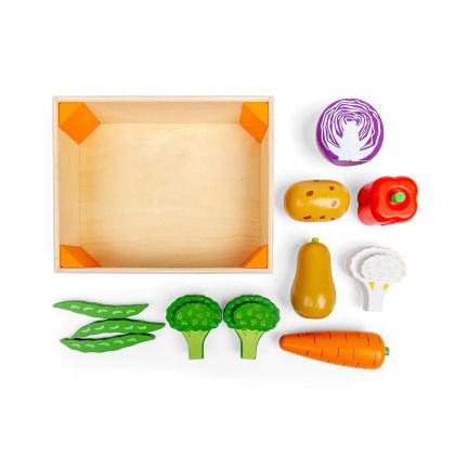 Bigjigs - Дървен детски комплект за готвене - Щайга със зеленчуци