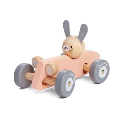 Дървена играчка за бутане - Зайче в състезателна кола - PlanToys