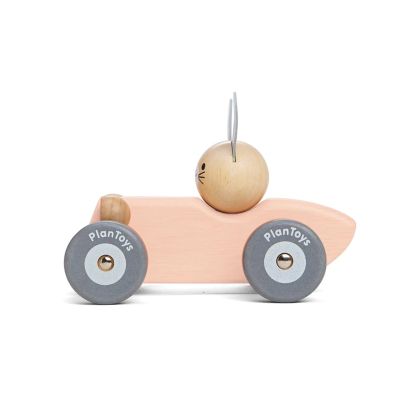 Дървена играчка за бутане - Зайче в състезателна кола - PlanToys