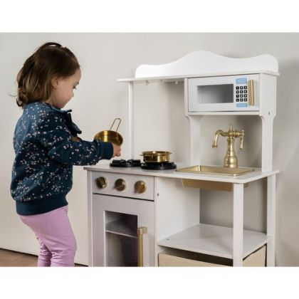 Модерна дървена кухня за игра със звуци, светлина и аксесоари - бял, бежов и златист цвят - Kruzzel