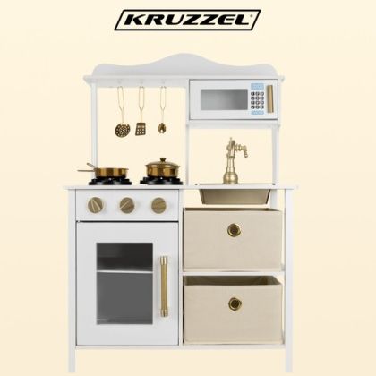 Модерна дървена кухня за игра със звуци, светлина и аксесоари - бял, бежов и златист цвят - Kruzzel