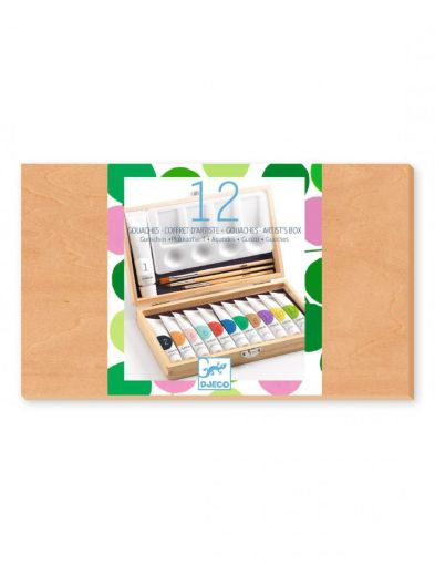 Дървена кутия с 12 цвята гваш боя в туби за рисуване - Djeco